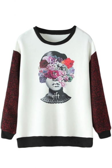 Character Floral Print Round Neck Knit Sleeve Sweatshirt