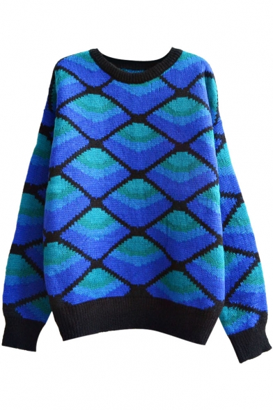 Color Block Diamond Pattern Round Neck Loose Mohair Sweater