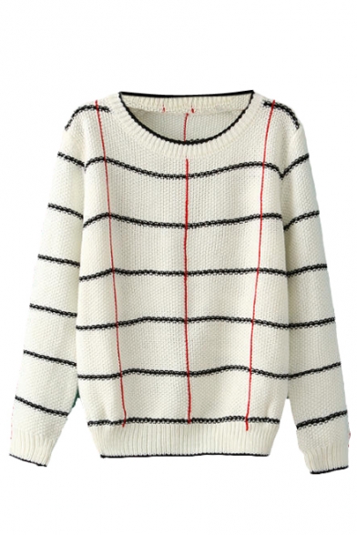 Concise Contrast Trim Tri Color Plaid Pattern Long Sleeve Sweater