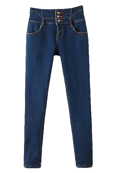 Dark Wash High Waist Fleece Pencil Jeans with Three Buttons Front