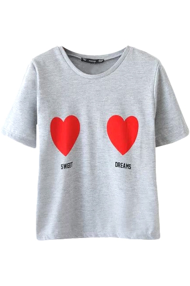 Gray Heart Letter Print Round Neck Short Sleeve T-Shirt with Shorts