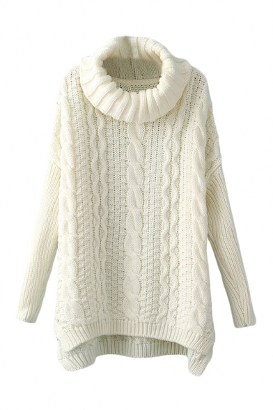 High Neck Plain Vertical Cable Knitted Dip Hem Sweater with Side Split