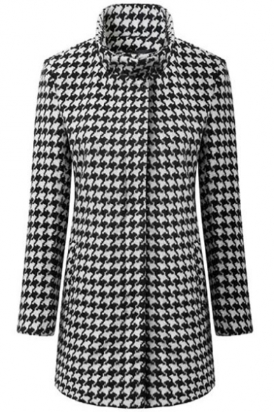 Midi Houndstooth Pattern High Collar Fitted Wool Coat