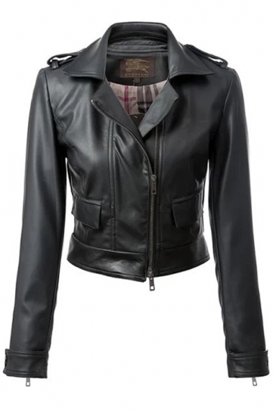 Notched Lapel Plain Cropped Motorcycle Jacket with Zipper and Pocket Details