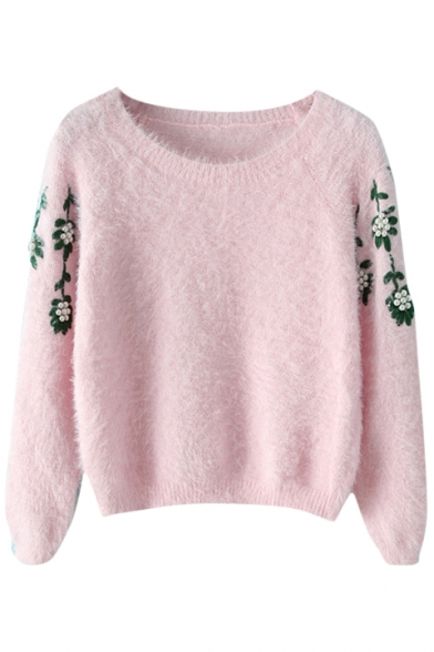 Plain Beaded Embroidered Raglan Sleeve Cropped Sweater