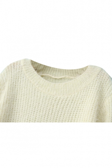 Plain Long Sleeve Mohair Knitting-needle Sweater with Round Neckline ...