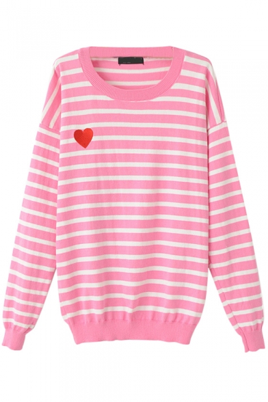 Stripe Heart Print Round Neck Long Sleeve Sweater