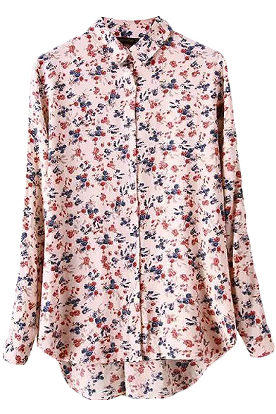Apricot Background Floral Print High-low Midi Long Sleeve Shirt ...