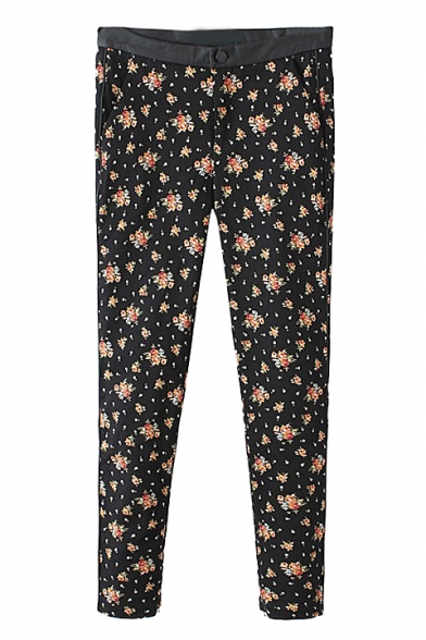 Black Background Floral Print Straight Leg Pants with PU Panel