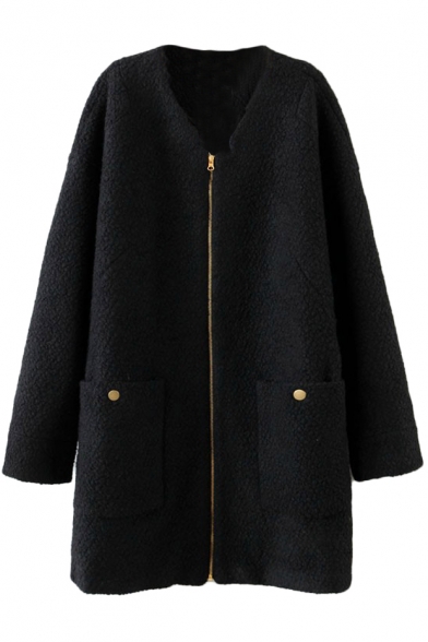 Black Collarless Long Sleeve Zipper Fly Woolen Coat with Double Pocket ...