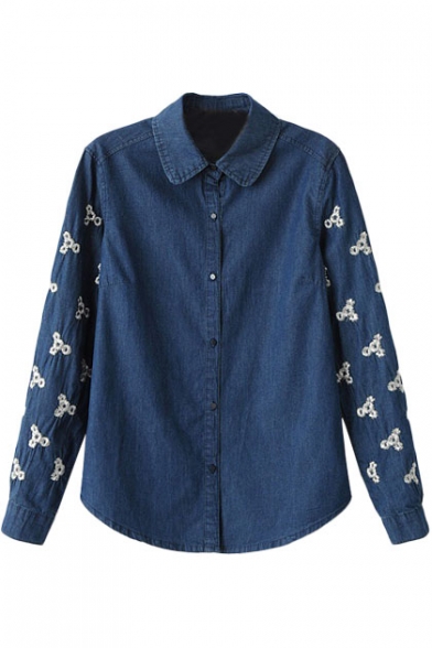 Blue Floral Embroidered Lapel Single-Breast Denim Blouse