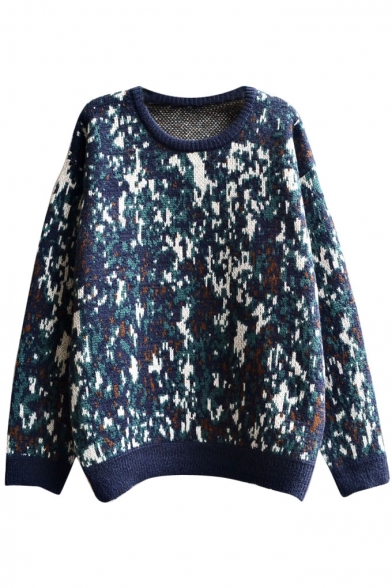 Casual Camouflage Jacquard Round Neck Thick Sweater