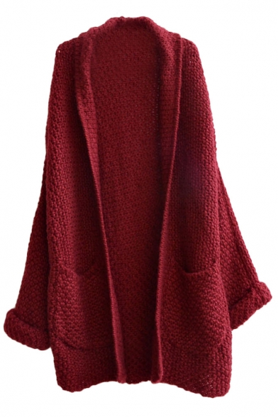 Chunky Knitted Pockets Embellished Lapel Plain Batwing Sleeve Midi Cardigan
