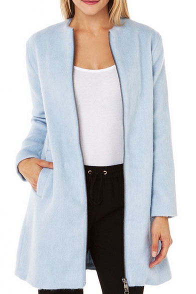 Collarless Zipper Fly Long Sleeve Woolen Coat with Double Pocket
