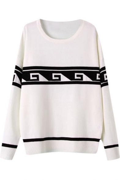 Color Block Geometric Style Pattern Long Sleeve Sweater with Round Neckline