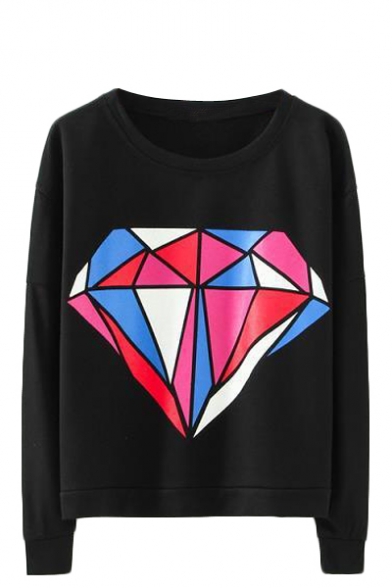 Colorful Diamond Print Round Neck Drop Sleeve Sweatshirt