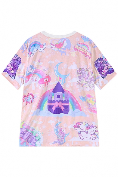 Dreamy Sky Flying Horse Print Round Neck T-shirt - Beautifulhalo.com