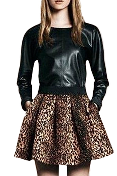 Leopard Print High Elastic Waist Pleated Skater Skirt