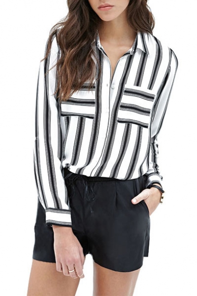 Mono Striped Point Collar Long Sleeve Shirt in Loose Fit