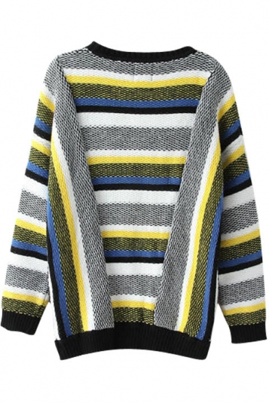 Multi Color Block Long Sleeve Loose Sweater with Round Neckline