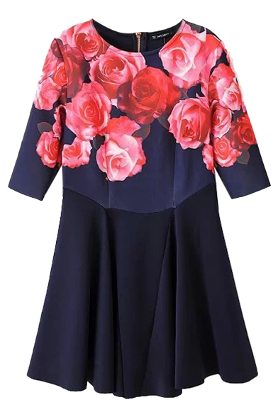 Navy Background Rose Print Round Neck 1/2 Sleeve Zipper Back Fit and Fare Dress