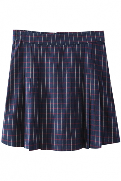 Navy Plaid Print High Waist Zippered Back Skirt