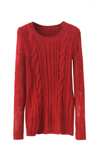 Plain Cable Knit Long Sleeve Sweater with Round Neckline and Elbow Patch