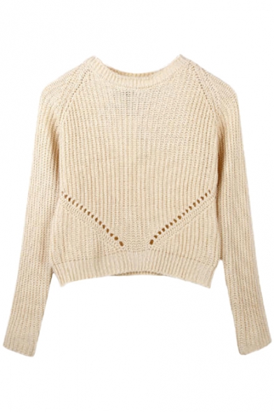 Plain Cutout Knitted Raglan Sleeve Cropped Sweater