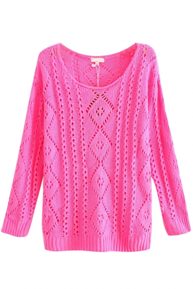 Plain Cutout Style Long Sleeve Sweater with Round Neckline