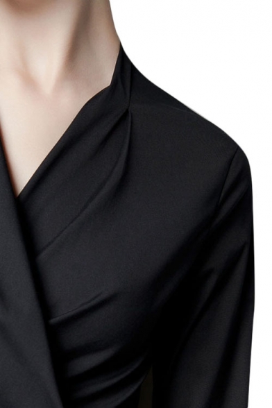 Plain Deep V-Neck Draped Wrap Front Long Sleeve Shirt - Beautifulhalo.com