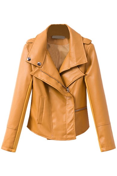 Plain Double Layered Lapel Zip Fly Leather Motorcycle Jacket