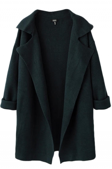 Plain Notched Lapel Collar Open Front Knitted Midi Coat - Beautifulhalo.com