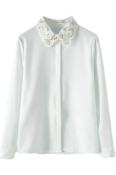Wave Embroidered Lapel Single Breast Long Sleeve Blouse