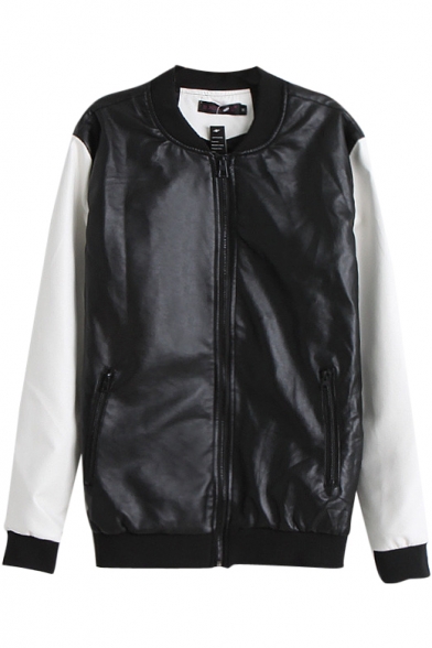 White and Black Contrast Stand Up Collar Zippered PU Baseball Jacket