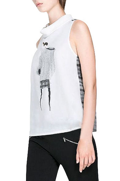 Abstract Girl Print Sleeveless Top with Plaid Inserted Back