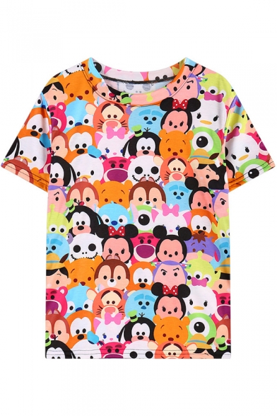 All Over Cartoon Character Print Short Sleeve T-shirt