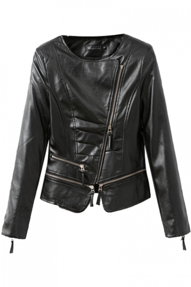 Black Plain Round Neck Oblique Zipper Fitted Cropped Motorcycle Jacket