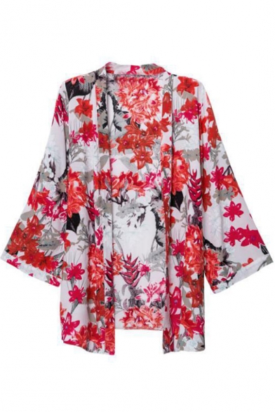 Bright Red Floral Print Collarless Open Front Loose Kimono