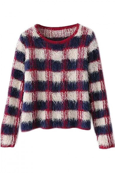 Classic Plaid Round Neck Long Sleeve Mohair Sweater