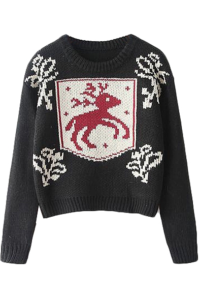 Cute Deer Pattern Round Neck Crop Knitted Sweater