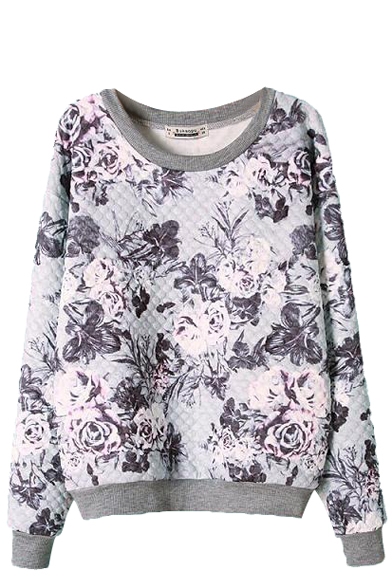 Gray Flora Print Round Neck Long Sleeve Sweatshirt
