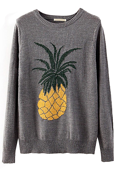 Gray Long Sleeve Pineapple Pattern Sweater with Round Neck