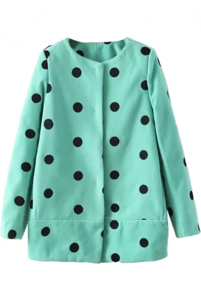 Hidden Buttoned Polka Dot Pattern Wool Coat with Round Neck