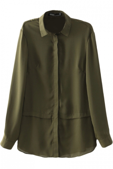 Plain Panel Hem Style Long Sleeve Chiffon Shirt