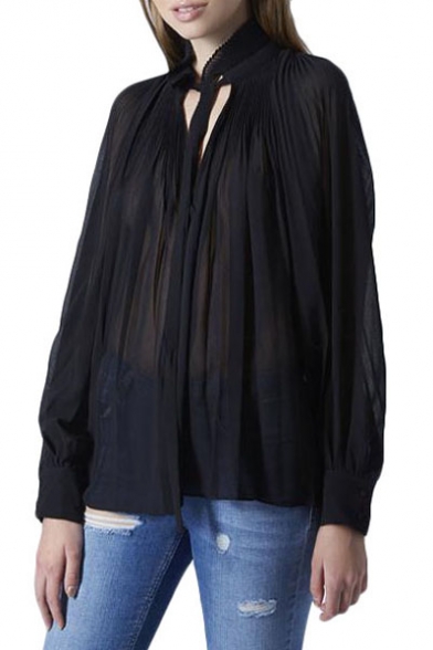 Sexy Plunge Neck Black Sheer Pleated Fitted Blouse