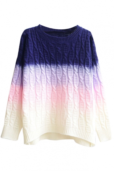 Vintage Ombre Cable Knitted Thick Sweater with Dip Hem