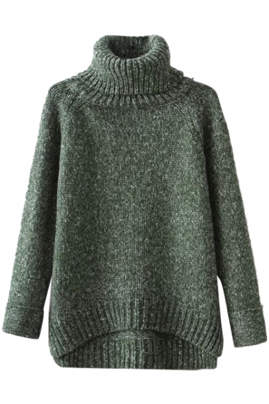 Vintage Plain Turtleneck Collar Raglan Sleeve High Low Hem Sweater