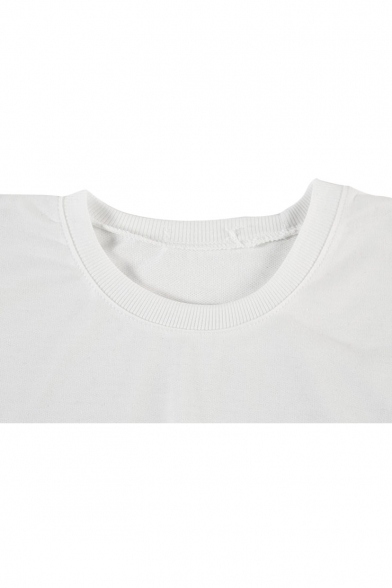 White Background Black Stripe&Letter Print Round Neck Sweatshirt with ...