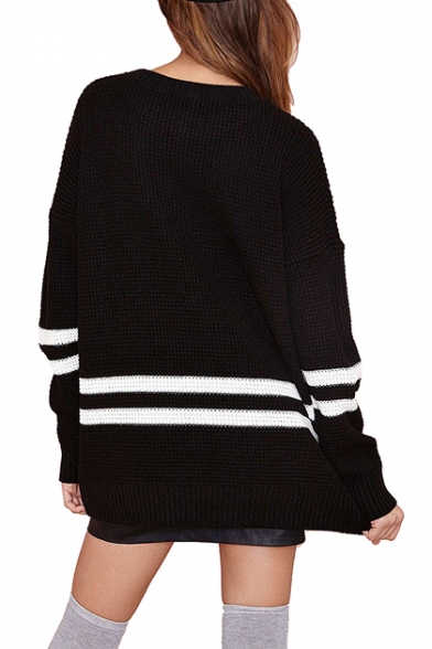 White Stripe Black Background Long Sleeve Midi Sweater - Beautifulhalo.com