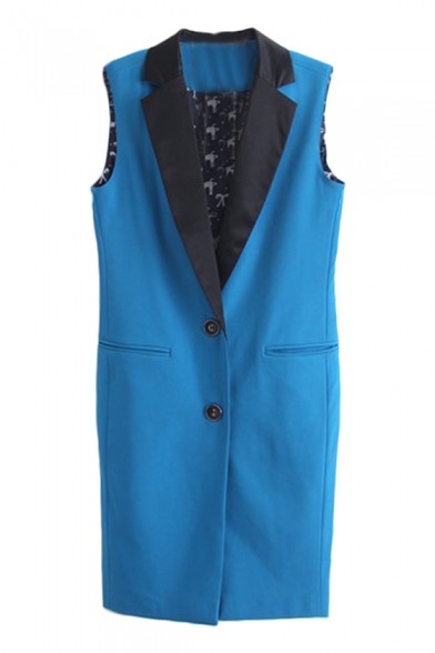 Black Notched Lapel Sleeveless Tunic Vest with Print Lining